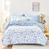 Wake In Cloud - Floral Quilt Set, Coquette Cottagecore Shabby Chic Flower for Women Teen Girls, Reversible Lightweight Bedspread Coverlet, 3 Pieces, Blue White, Twin/Twin XL Size