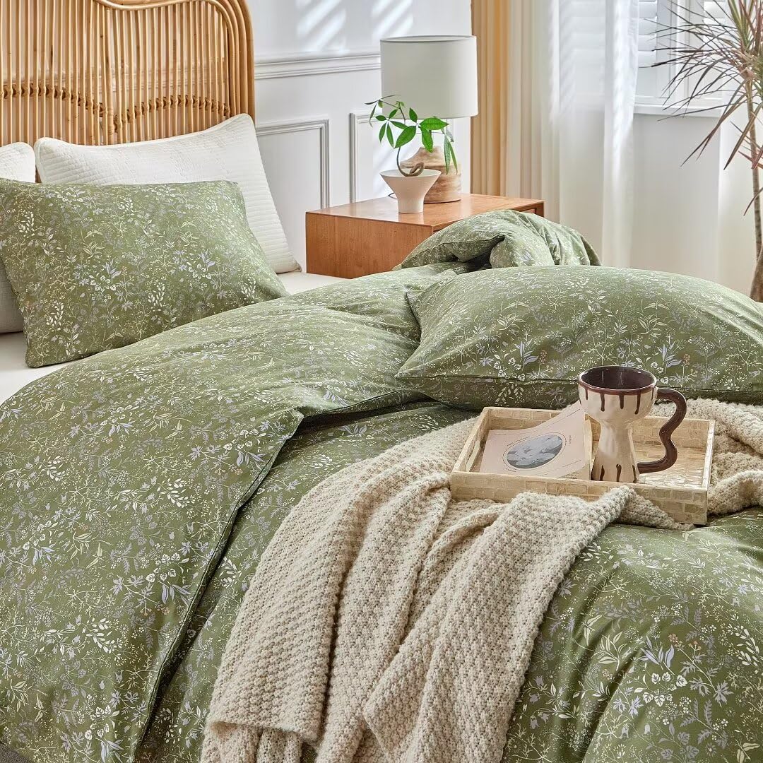 Photo 1 of MKXI Duvet Cover King Size Boho Bedding 100% Cotton Reversible Floral Duvet Cover Set with Zipper, Soft & Breathable Army Green Bedding Set Botanical Wildflower Duvet Covers
