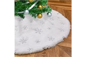 FANQISI Faux Fur Christmas Tree Skirt 24 Inches Mini White Plush Tree Skirts with Silver Sequin Snowflakes Porch Xmas Tree Ornaments Decorations
