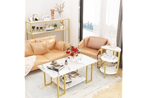 Recaceik Mid-Century Coffee Table Set of 3, Faux Marble Coffee Table and Semicircle End Table Sets with Storage Shelves & Metal Frame, Living Room Table Sets for Bedroom Office, Easy Assembly*