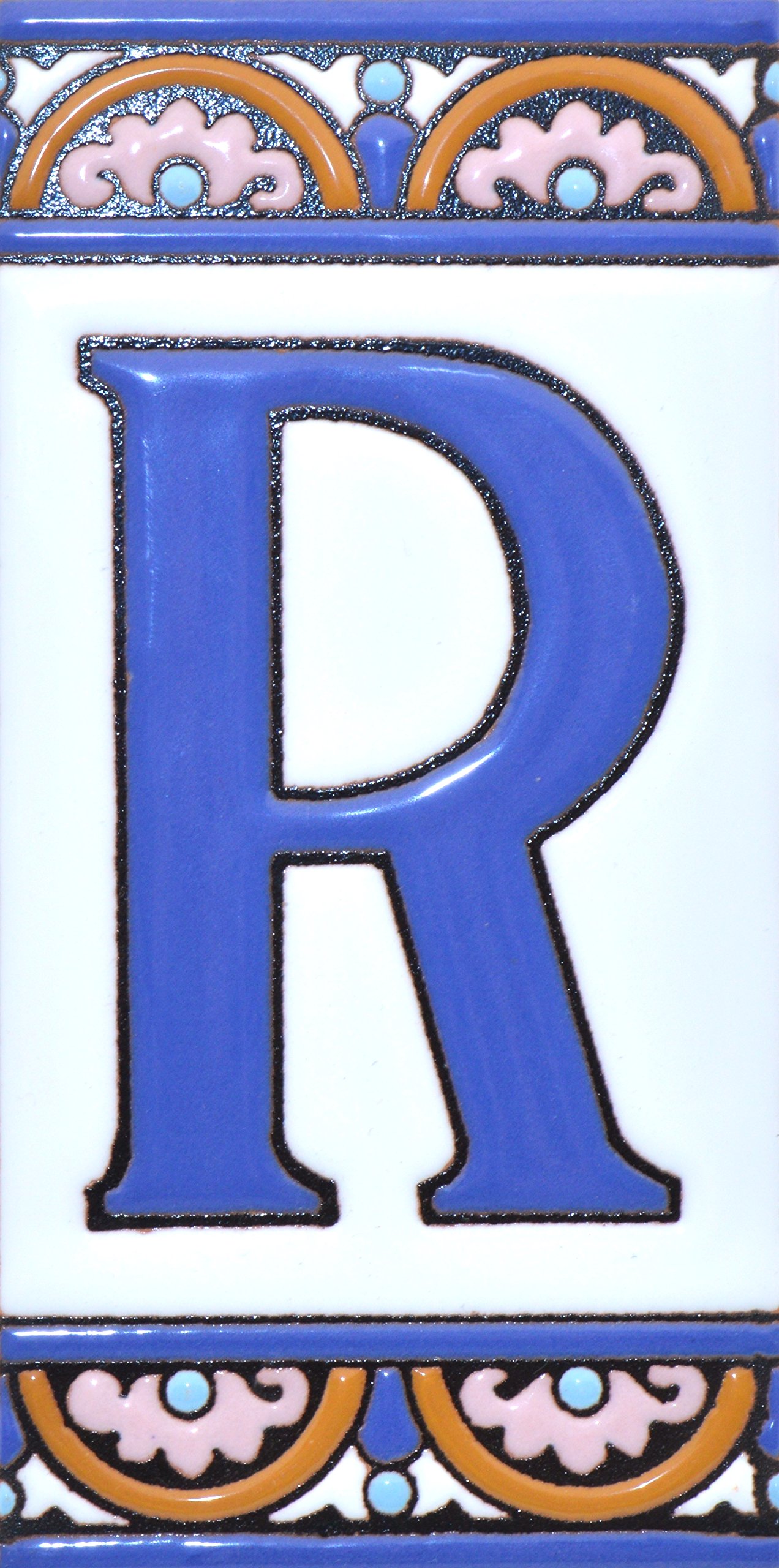 House letters 6 inch. Handpainted house letter tiles for signs, addresses and names. Address numbers for houses. House address numbers and letters. Design ARCO GRANDE 5,86" x 2,91" (LETTER R)