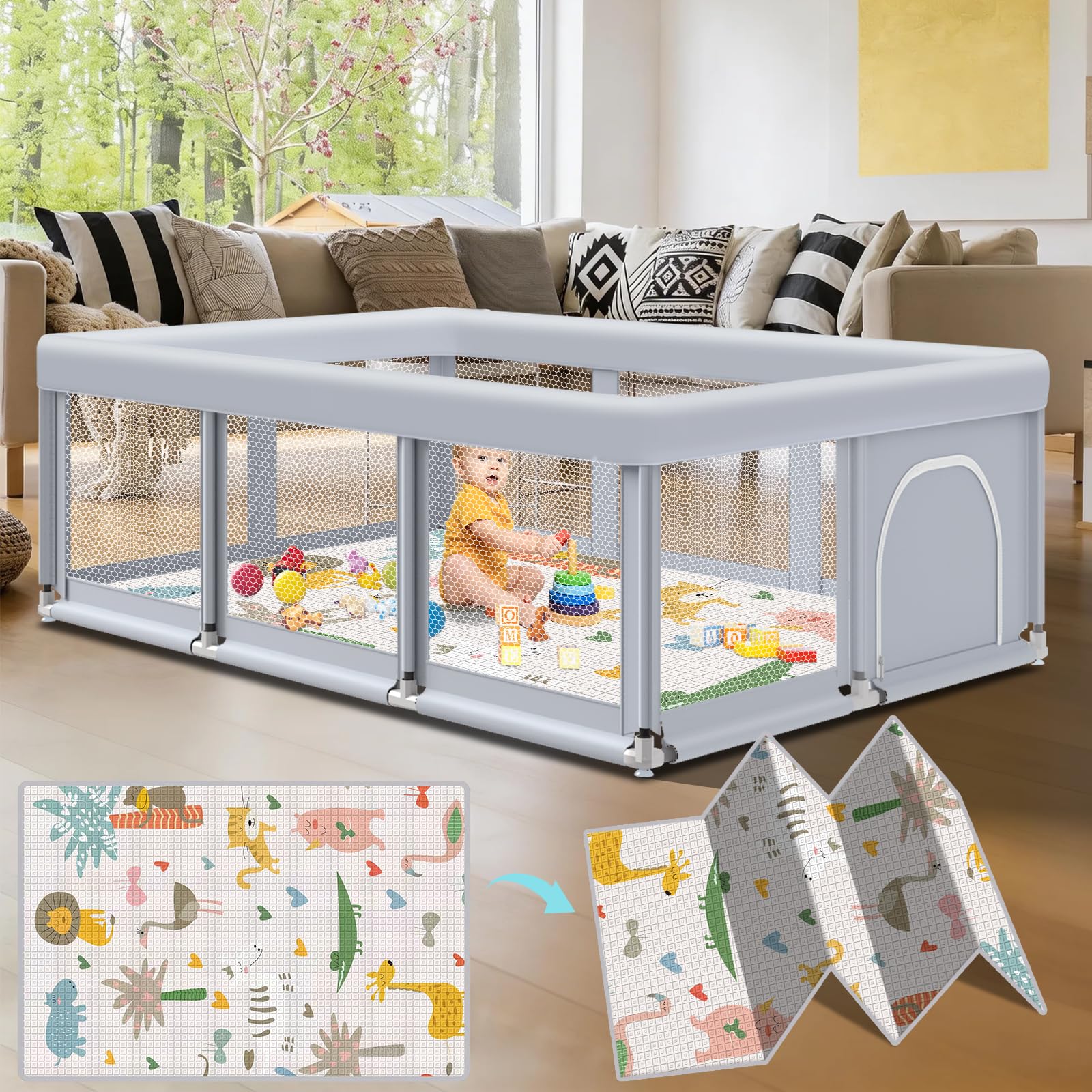Photo 1 of Fshibila 74" ×50" Large Baby Playpen, Baby Playard for Babies and Toddlers, Play Pens for Indoor & Outdoor, Sturdy Safety Play Yard with Soft Breathable Mesh, Anti-Fall, Grey (with MAT)