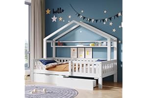 Aoowow Twin Size House Bed with Storage Drawers and Shelf,Kids Wooden Bed Frame Twin Platform Bed with Slats and Fence for Boys Girls Teens for Bedroom(White)