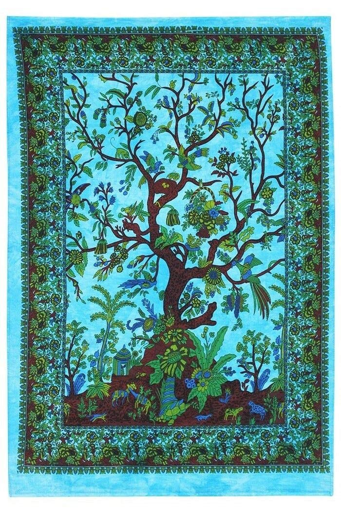 AVA Collections Blue TREE OF LIFE Wall Hangings Tapestries Bohemian Boho Table Cover Beach Throw Towel Psychedelic Indian Cotton Medium Boho Hippie Tapestries for Living Bedroom(Blue, 40 x 30 inches)