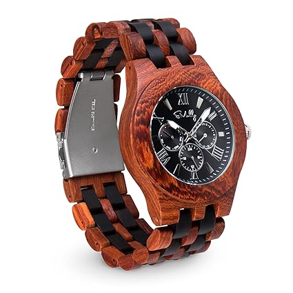 Emolly Wooden Watch for Men - Unique Conversation Piece Red Sandalwood & Ebony Black Big Face Chronograph in Wood Gift Box - Lightweight and Classy timepiece will Feel Better on Skin than Metal