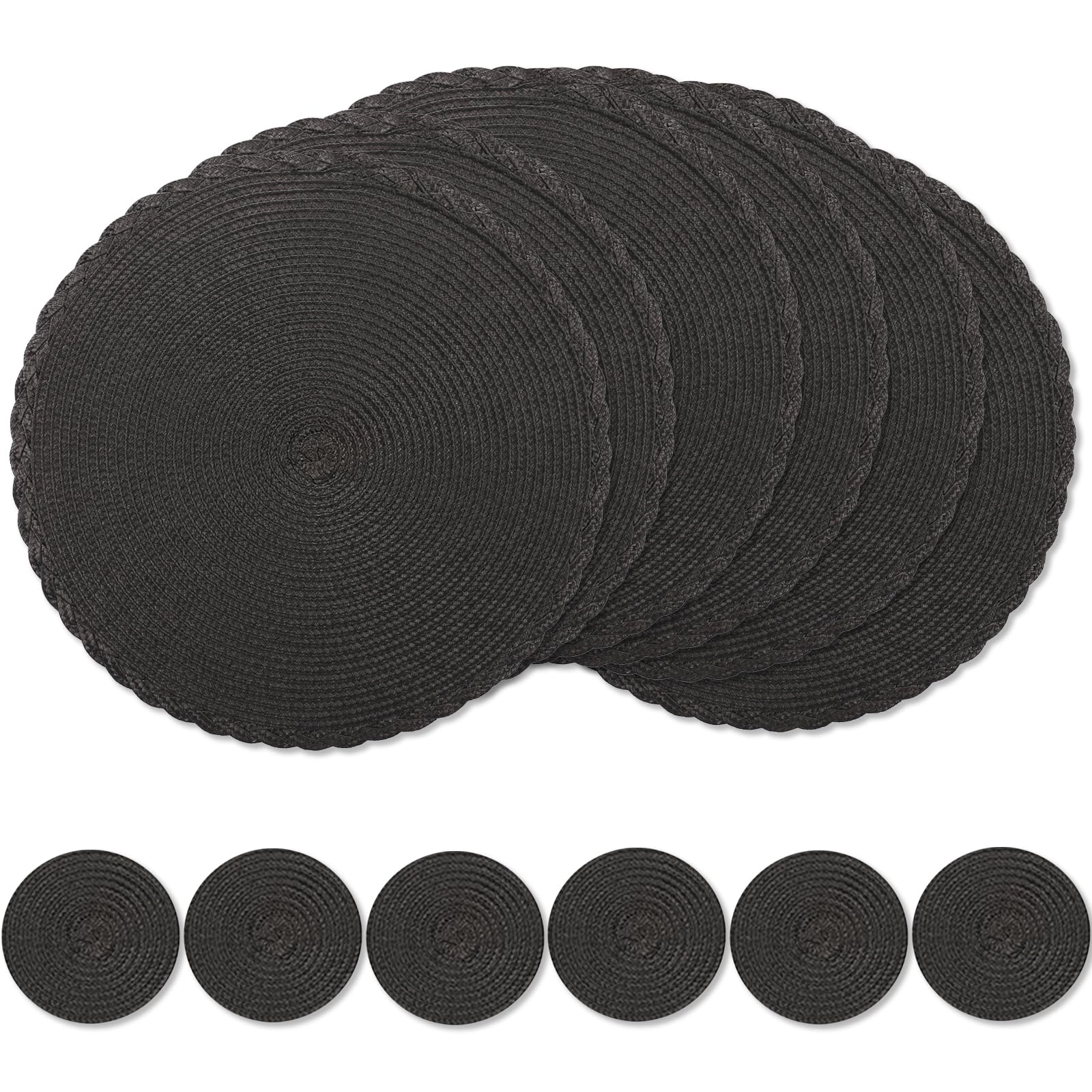 wiipara Round Woven Placemats Set of 6, 34 cm Kitchen Coffee Table Mats with Coasters Heat Resistant Wipeable Table Placemats for Dining Table, Home, Restaurant, Hotel, Cafes (Black)