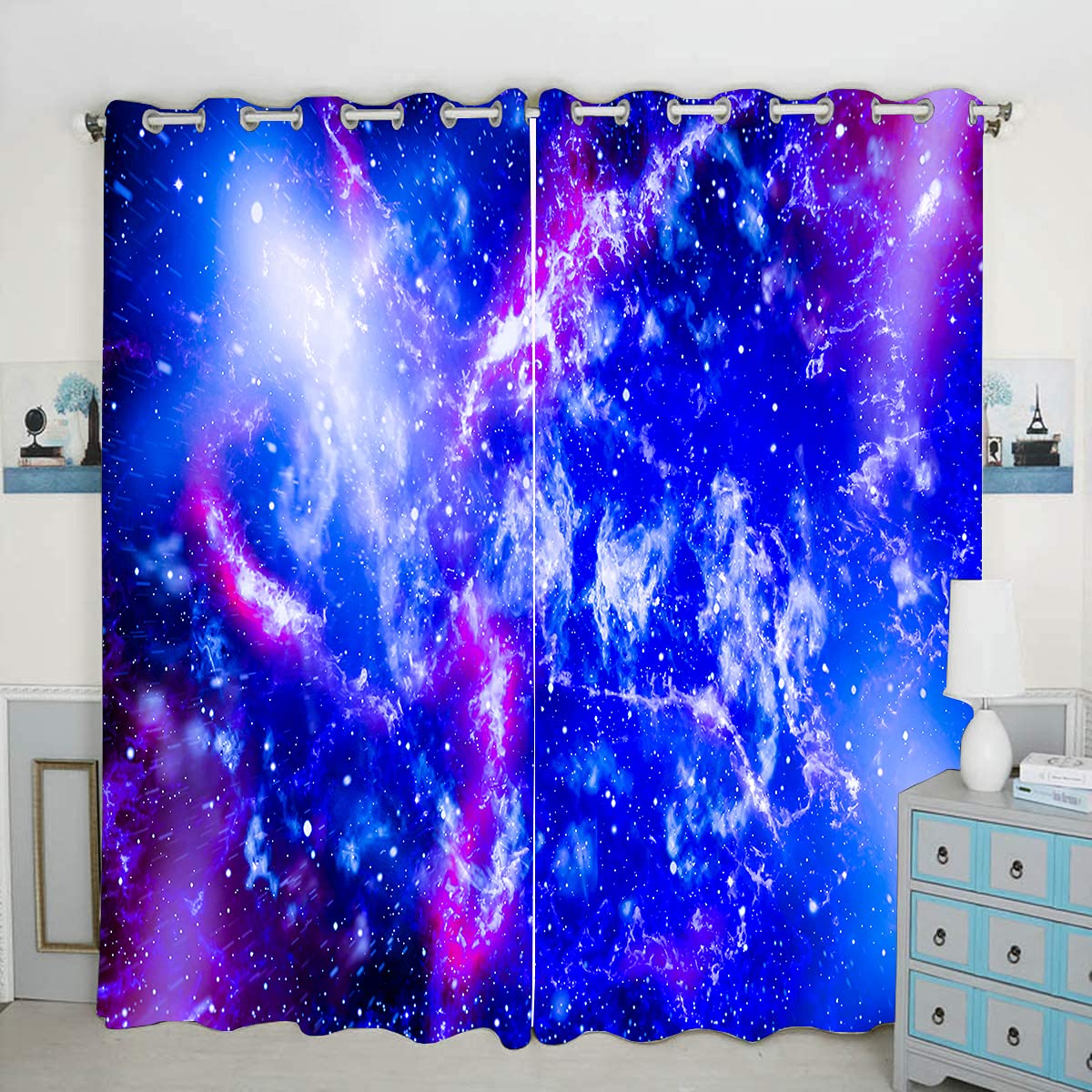 Space Galaxy Blackout Curtains - Outer Universe Nebula Starry Sky Stars Print Pattern Eyelet Blackout 3D Window Curtains for Kids Boys Girls Bedroom Playroom,2 Panels W75cm (29.5") x D166cm (65")