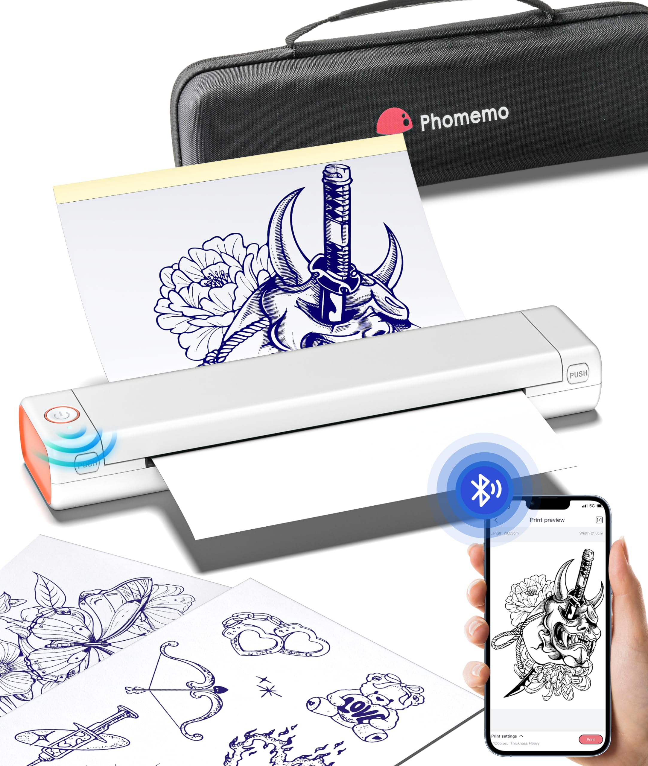 Phomemo M08F Tattoo Printer Machine - A4 Thermal Tattoo Stencil Printer for Artists & Beginners, Compatible with Smartphone & PC, 10pcs Transfer Paper & Storage Case