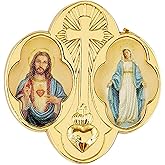 Needzo Sacred Heart and Miraculous Lapel Pin for Backpack, Jacket or Hat, Gold Toned Cross Medal Christian Jewelry, Religious Spiritual Gift for Women, 1 Inch