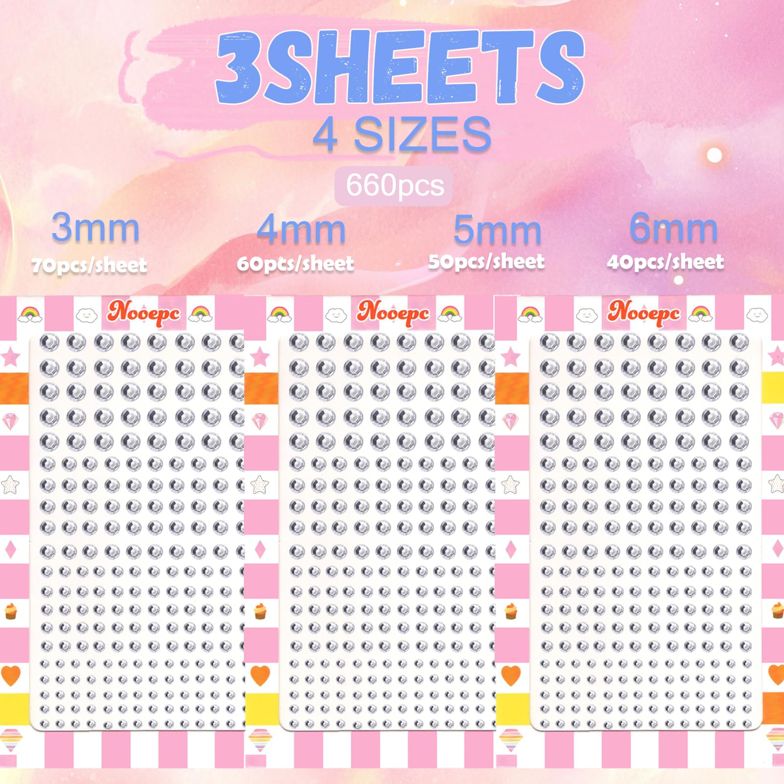 nooepc 660Pcs Face Gems Hair Gems, Self-Adhesive Face Jewels Eye Jewels Rhinestones 3/4/5/6 mm DIY Face Gems Stick on, Hair Body Rhinestones Gems Rave Accessories for Face Eyes Makeup Body, Crafts