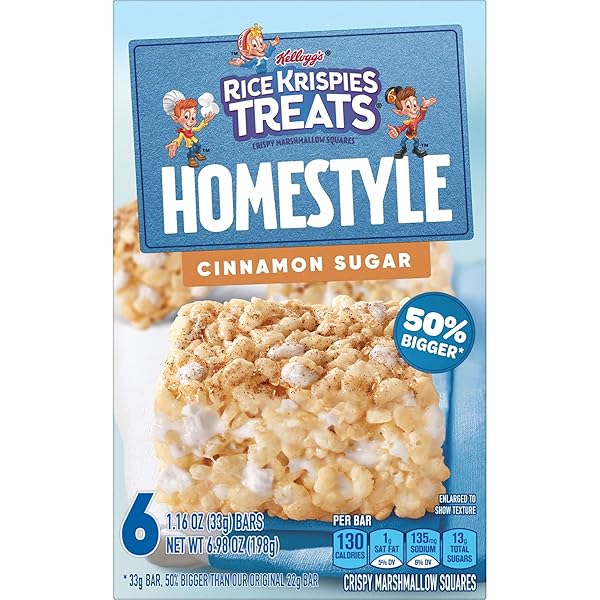 RICE KRISPIES TREATS HOMESTYLE MARSHMALLOW SNACK BARS, KIDS SNACKS, LUNCH SNACKS, CINNAMON SUGAR FLAVOR, 6.98OZ BOX (6 BARS)