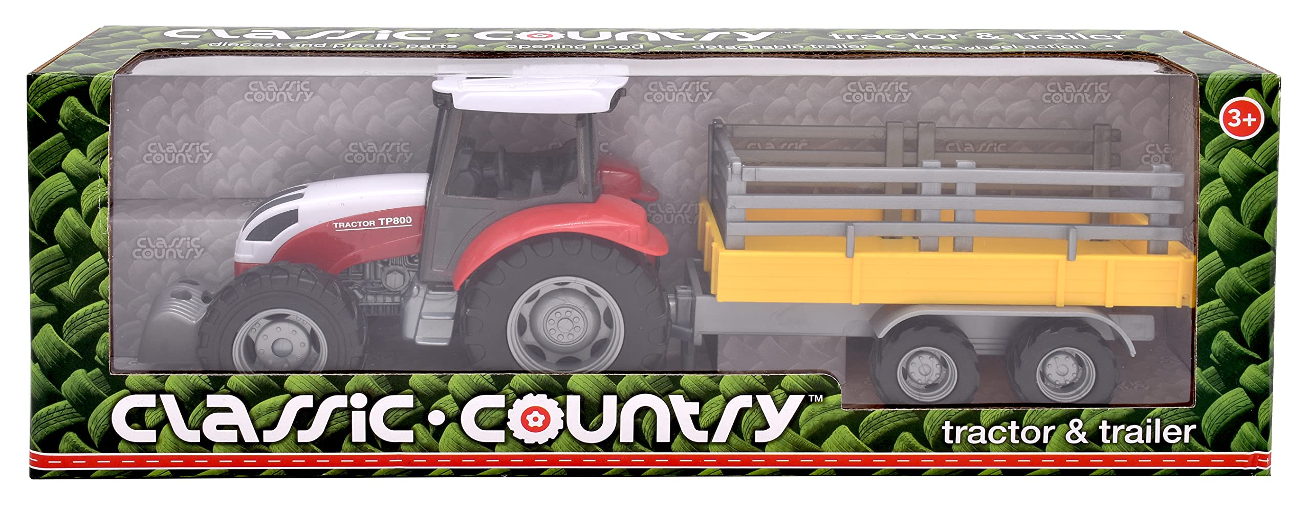 CLASSIC COUNTRY from Peterkin | Tractor & Trailer Toy Vehicle | 28cm Red Tractor with opening bonnet and detachable open trailer and free wheeling action | 1:32 Scale | Diecast Vehicles | Ages 3+