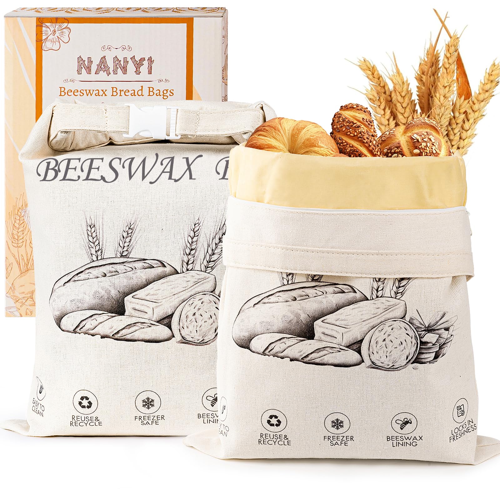 Photo 1 of 2-Pack Reusable Beeswax Bread Bags for Sourdough & Homemade Bread?Cotton Waxed Bags Keeps Fresh Longer(Ivory Loaf)