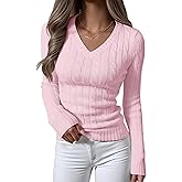 ANRABESS Womens Long Sleeve Cable Knit Sweater 2025 Fall Fashion V Neck Fitted Pullover Top Business Casual Work Fall Outfits