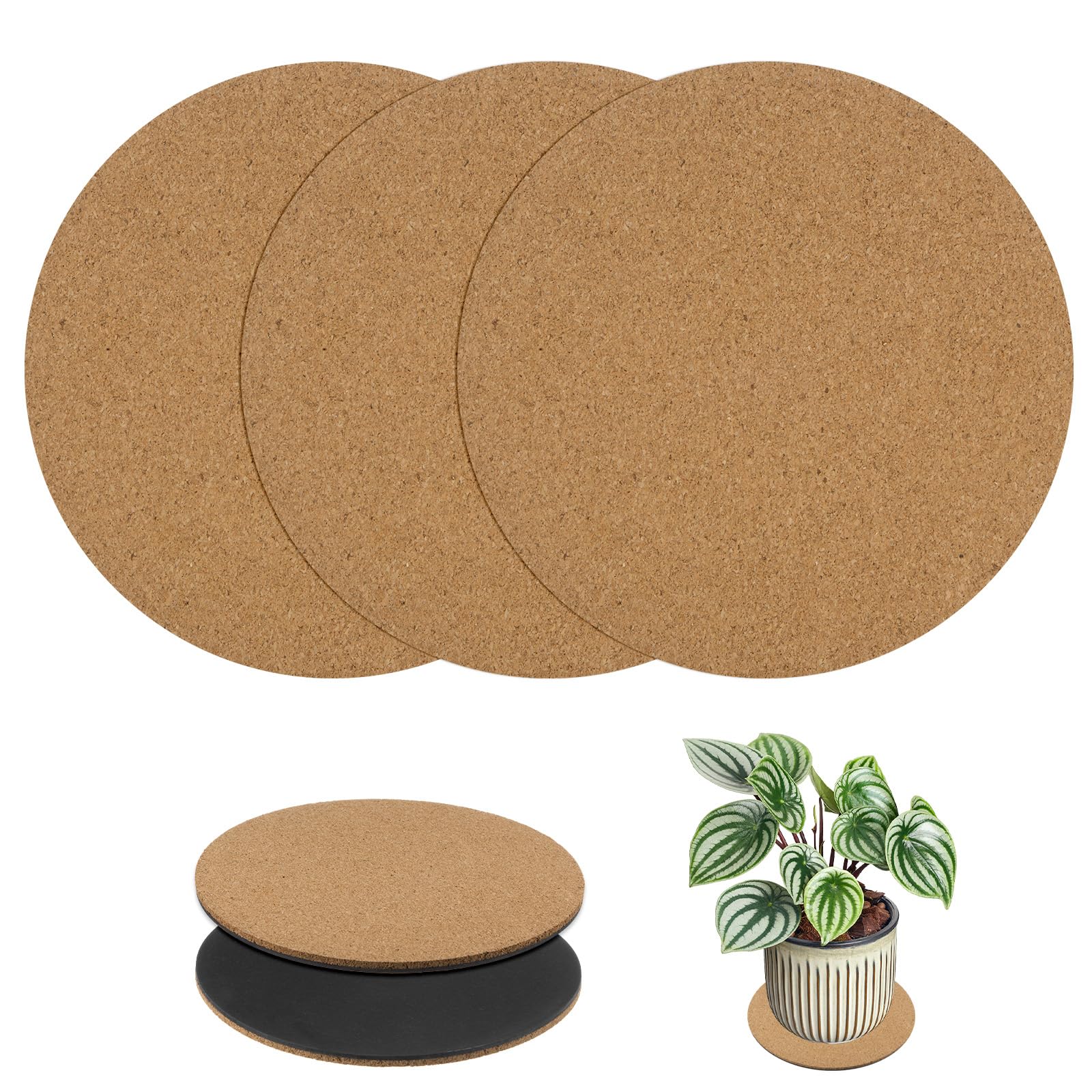M METERXITY 3-Pack Cork Plant Coasters, 10 Inch Round Coasters Pads Cork Plant Mats Cork Pads for Plants/House/Garden/Indoors/Outdoors, Plant Cork Mats