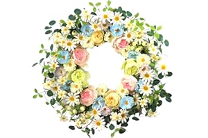 JINGHONG 24” Artificial Flower Wreath,Daisy and Rose Wreath Colorful Spring/Summer Floral Wreaths for Front Door Wall Window and Holiday Festival Party Banquet Wedding Decor