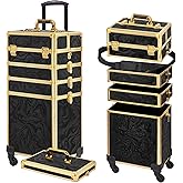 Somduy Rolling Makeup Case, Makeup Train Case with Lid, 5 in 1 Cosmetology Case on Wheels, Christmas Gift, Large Makeup Organizers, Profesional Cosmetic Case for Salon Barber, Pattern Black Gold