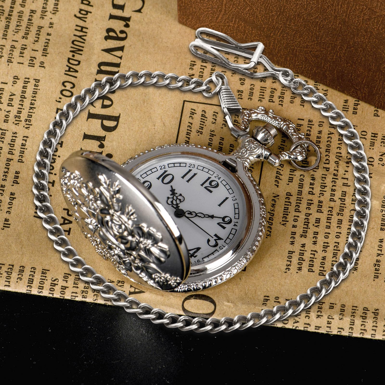 BOSHIYA Retro Flower Openwork Cover Quartz Pocket Watch with Chain Half Hunter Pocket Watches for Women with Box, for Mother's Day