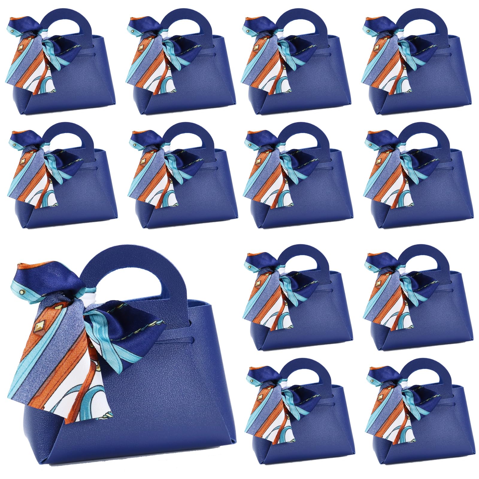 Photo 1 of 12 Pack Leather Ribbon Candy Bag Gift Bags PU Wedding Gift Bags with Handle Ribbon Reusable Party Favor Boxes for Weddings Birthdays Christmas Baby Showers Halloween(Dark Blue)