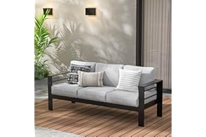 Wisteria Lane Patio Furniture Aluminum Sofa, All-Weather Outdoor 3 Seats Couch, Black Metal Chair with Light Grey Cushions