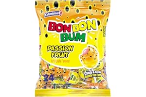 Colombina Bon Bon Bum Lollipops w/Bubble Gum Center, Passion Fruit Flavor, Individually Wrapped, Ideal for Party Favors and Gifts, 1 Pack (24 Count)