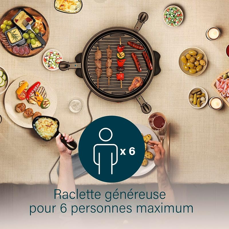 Raclette pour 6 personnes avec plaque de grill ronde amovible – Surface antiadhésive, cuisson saine sans matière grasse, idéale pour viande, poisson et légumes