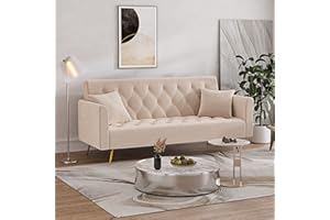 OUYESSIR Velvet Futon Sofa Bed with 2 Pillows, Convertible Futon Couch, Sturdy Sleeper Sofa in 71 inch, Small Futon Sofas (Beige)
