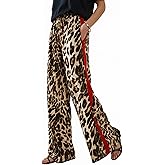 LIWEIKE Women's Leopard Print Pants Drawstring Color Block Side Striped Pants Y2K Cheetah Wide Leg Trousers with Pockets