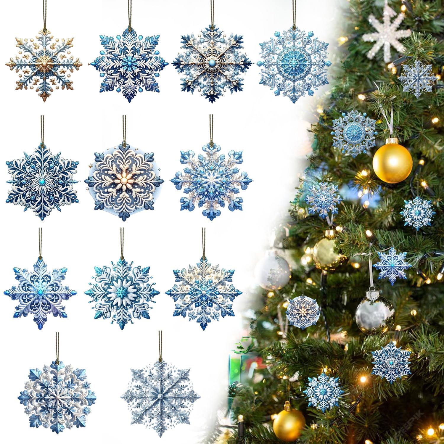 Photo 1 of 12Pcs Christmas Double Sided Printing Tree Decorations Blue Snowflake Wooden Ornaments with Rich Snowflake Shapes Design Hanging Ornament Cute Christmas Snow Decoration for Winter Holiday Party Decor