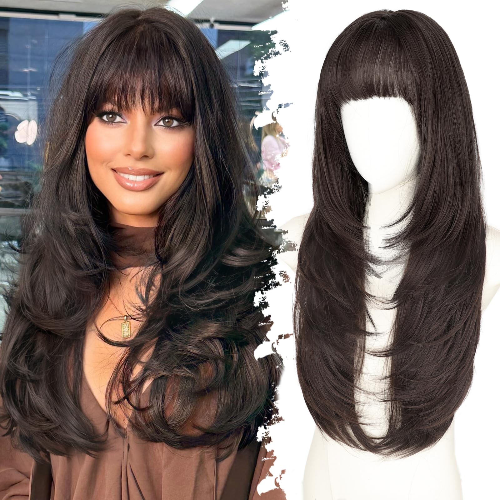 Photo 1 of Eawwii Long Dark Brown Wig with Bangs for Women, 4x4 Realistic Scalp,Free Parting, Layered Hairstyle Synthetic Heat Resistant for Daily Party Use 26 inch
