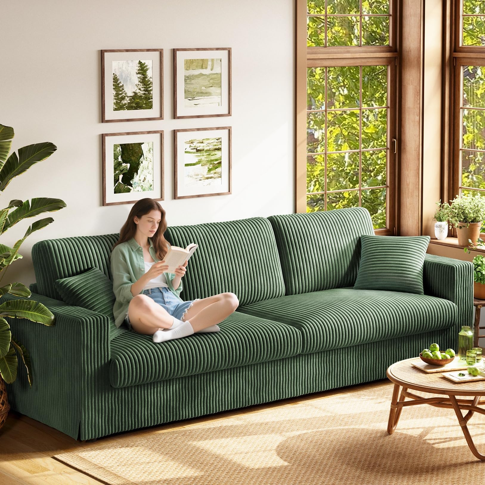 Photo 1 of ** Incomplete  only Box # 2 is included missing box # 1 *** Welzona 101" Couches for Living Room, Comfy Plush Corduroy Couch, All-Wood Sofas for Living Room 23.6" Deeper Seat, Tool-Free Setup Loveseat Sofa, Love Seat Couches with 2 Pillows, Green Couch