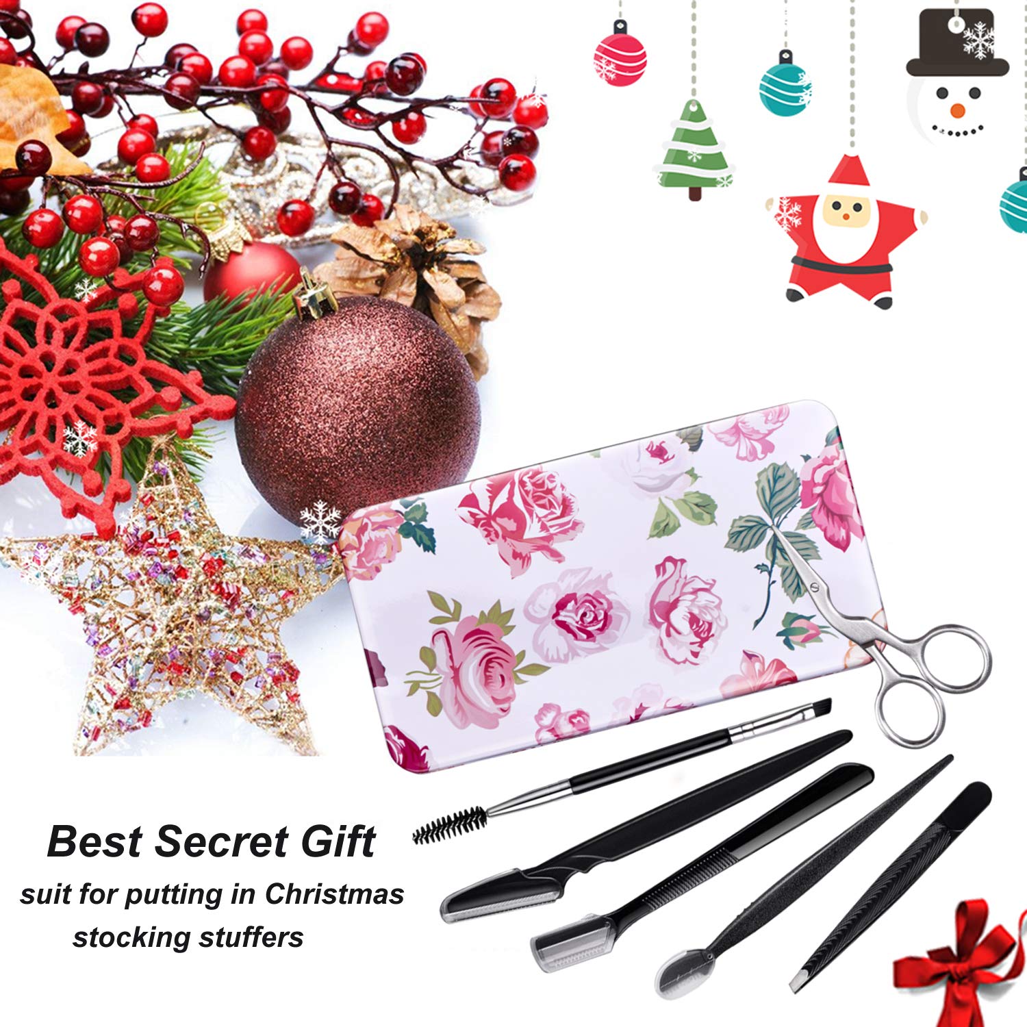 FITDON Eyebrow Grooming Set, Professional Slant Tip Tweezers & Curved Stainless Steel Scissors & 3PCS Brow Razors Trimmer & Duo Angled Eyebrow Brush with Spoolie: Beauty