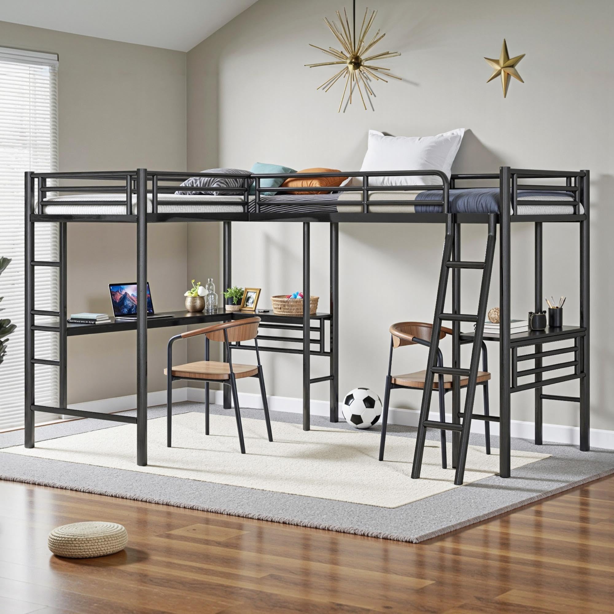 INCLAKE Twin Size L-Shaped Loft Bed with 2 Built-in