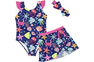 ALISISTER Girls Swimsuit Summer 3 Piece Bathing Suits Beach Swimwear with Cover Up Skirt and Headband for 3-7 Years