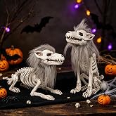 DR.DUDU Set of 2 Halloween Skeleton Animals Wolf Skeletons Decor | Posable Head, Dog Skeleton for Haunted House Table Yard Party Props Halloween Decoration