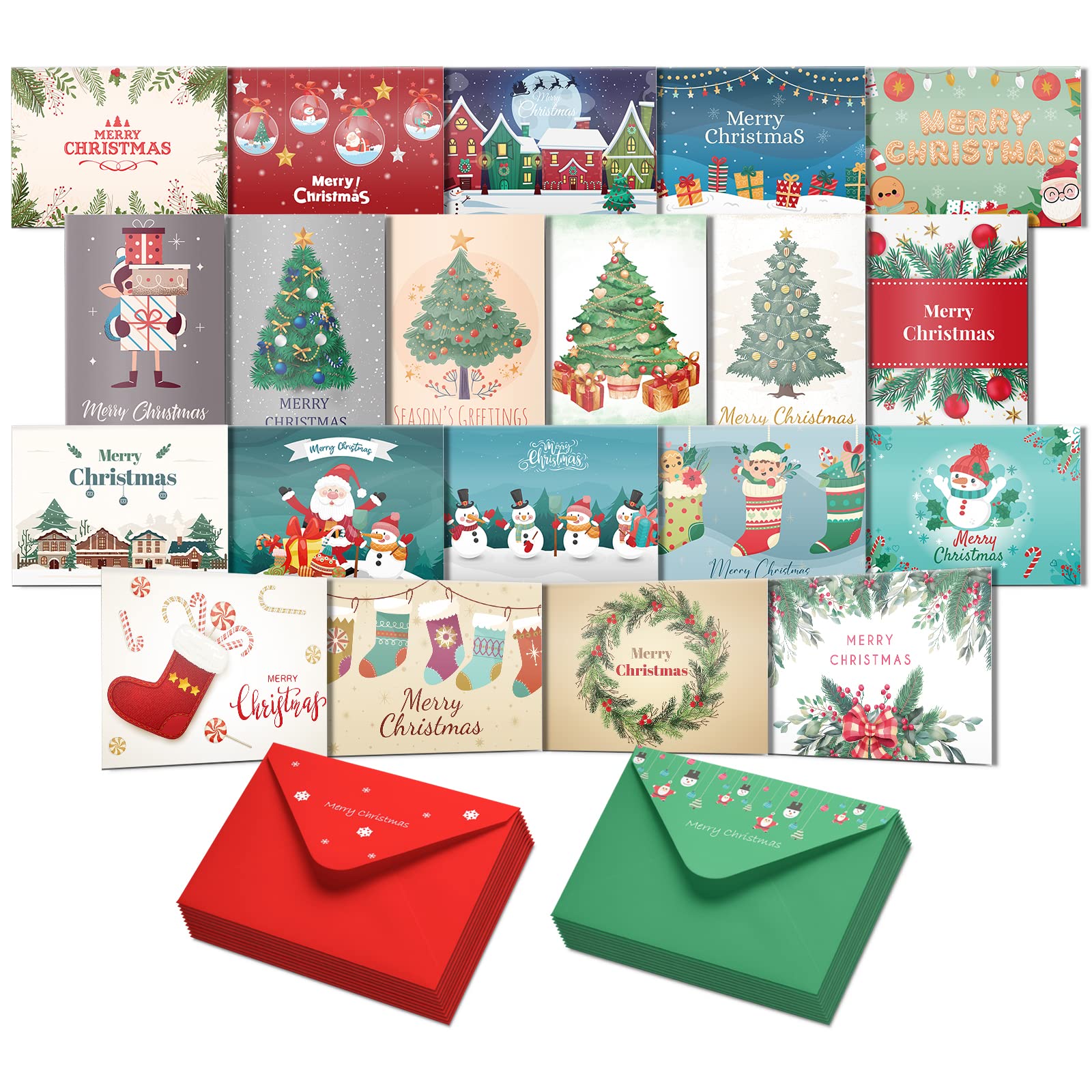 Photo 1 of Christmas Cards Boxed Bulk, Merry Christmas Greeting Cards with Envelopes 20 Colorful Unique Designs Happy Holiday Cards Cute Xmas Card Set for Christmas, Holiday, New Year, Xmas Gift