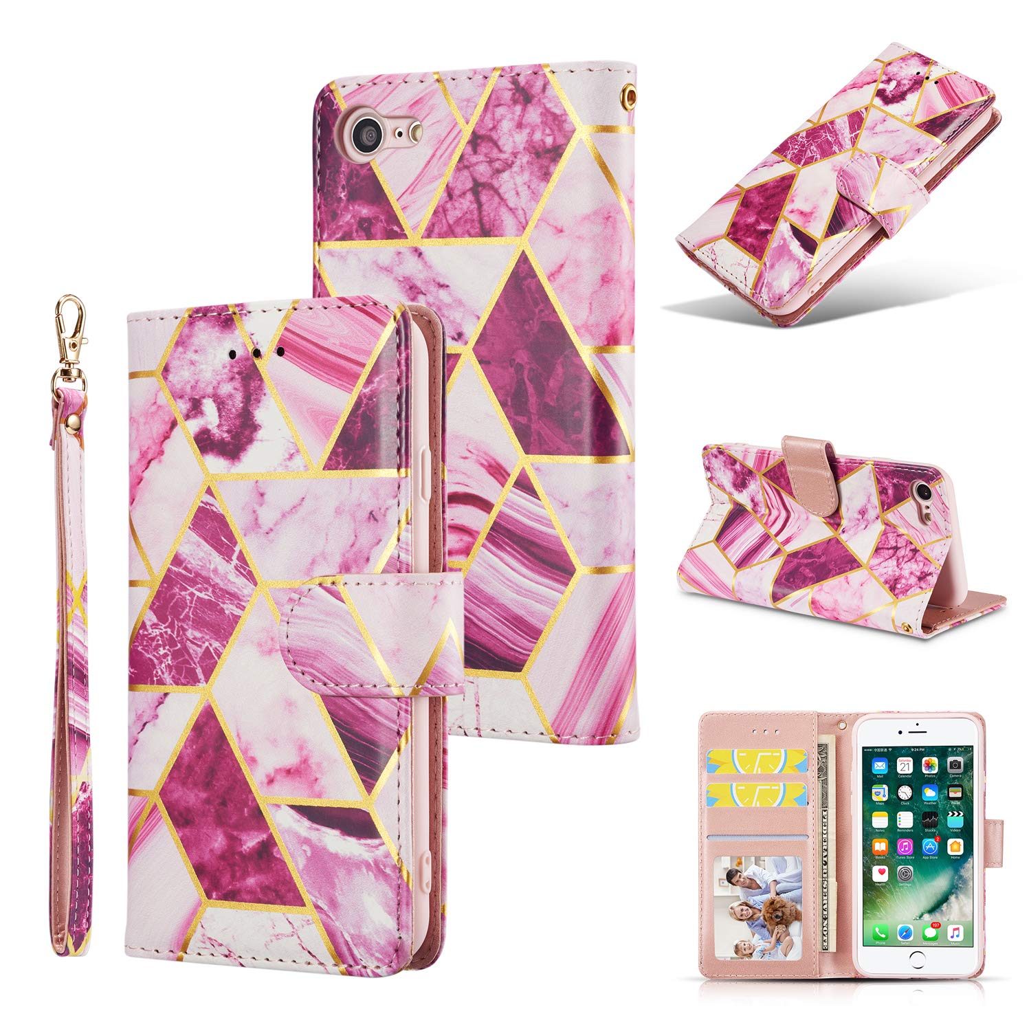 DEFBSC Case for iPhone 7 Plus iPhone 8 Plus, Premium PU Leather Geometric Marble Pattern Wallet Case with Detachable Wrist Strap, Magnetic Closure Card Slots Shockproof Marble Flip Cover Case- Purple
