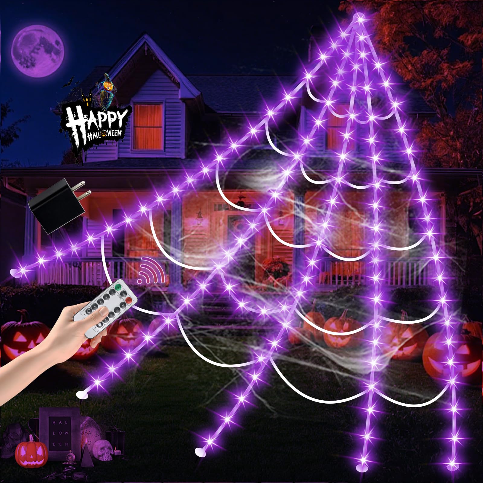 Photo 1 of Halloween Decorations Outdoor, Spider Web Lights 250 LED Lighted Spider Web 16.4Ft Giant Halloween Decorations Light up, 8 Lighting Modes Waterproof & Timer for Indoor Haunted House Yard Decor, Purple
