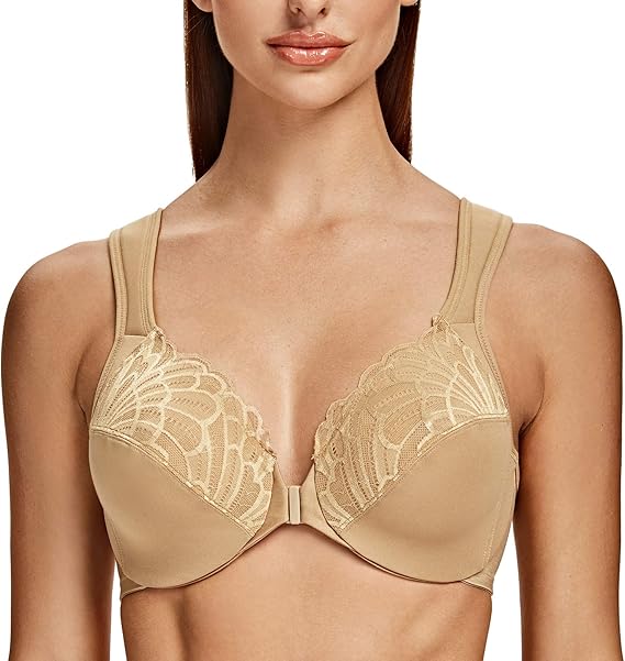 MELENECA Front Fastening Bras for Women Plus Size Underwire Unlined Lace Cup Cushion Strap