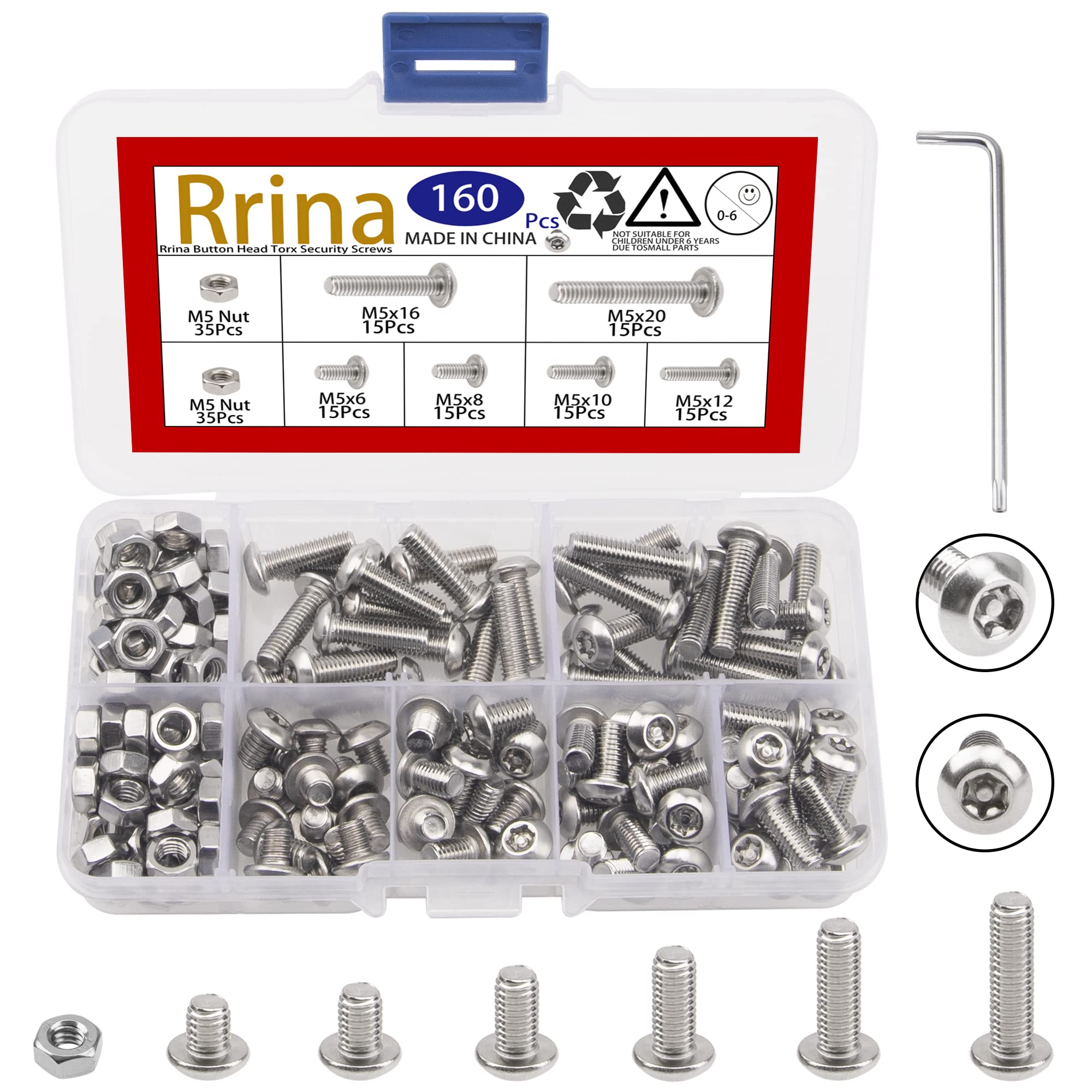 Photo 1 of Rrina 304 Stainless Steel Button Head Torx Security Screws Tamper Resistant Screw Assortment Set, Bolt Nuts with Wrench (M5)