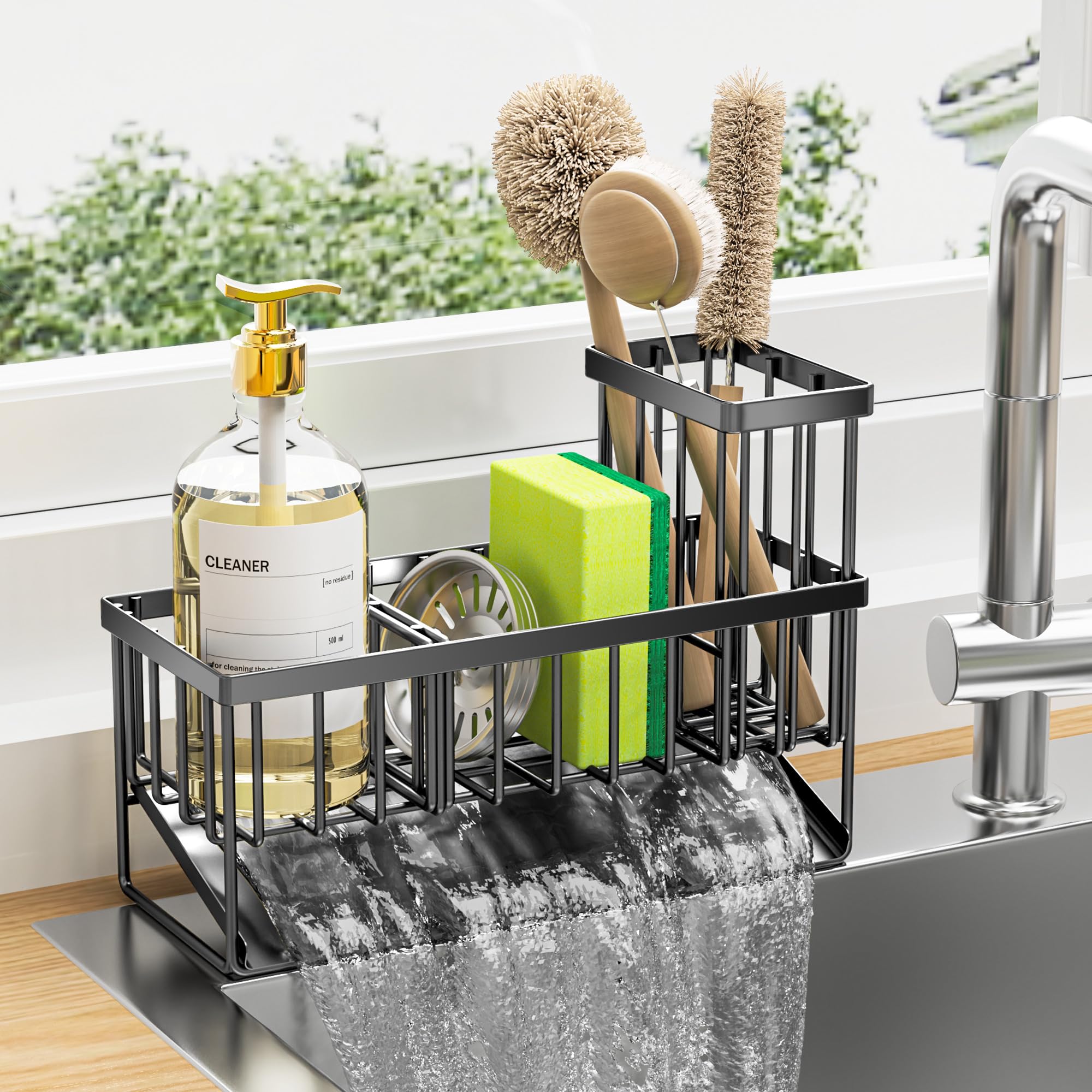 KEMDH Kitchen Sink Caddy Organiser, Sink Tidy with Removable Brush Holder, Sponge & Soap Holder,Stainless Steel Cleaning Utensil Caddy for Kitchen,Black