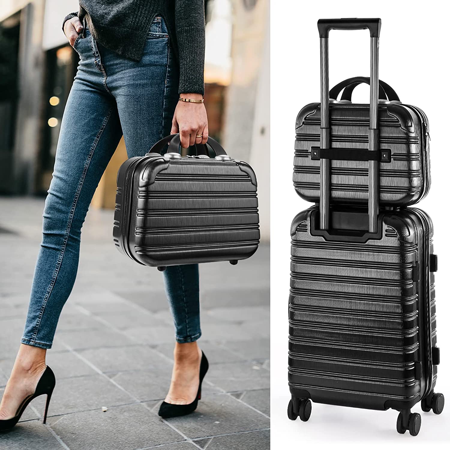 Feybaul Hard Case Luggage 2 Piece Sets Carry On Luggage Lightweight With Spinner Wheels Rolling Suitcase 22x14x9 Airline Approved PC+ABS TSA Lock Hardshell Travel Carry On Hardside 14/20 Inch 2PCS,Black