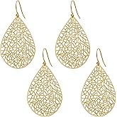 2 Pcs Handmade Filigree Teardrop Dangling Earrings for Women, 925 Sterling Silver Hooks Exquisite Leaf Earrings for Gift