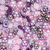 100g Mix Flatback Pearls and Rhinestone, Rhinestones for Crafting,Mixed Size 3mm-10mm AB Color Round Half Pearls Flatback Pearl Beads for DIY Craft Nail Art Shoes Clothes Tumblers(Violet|Pink)