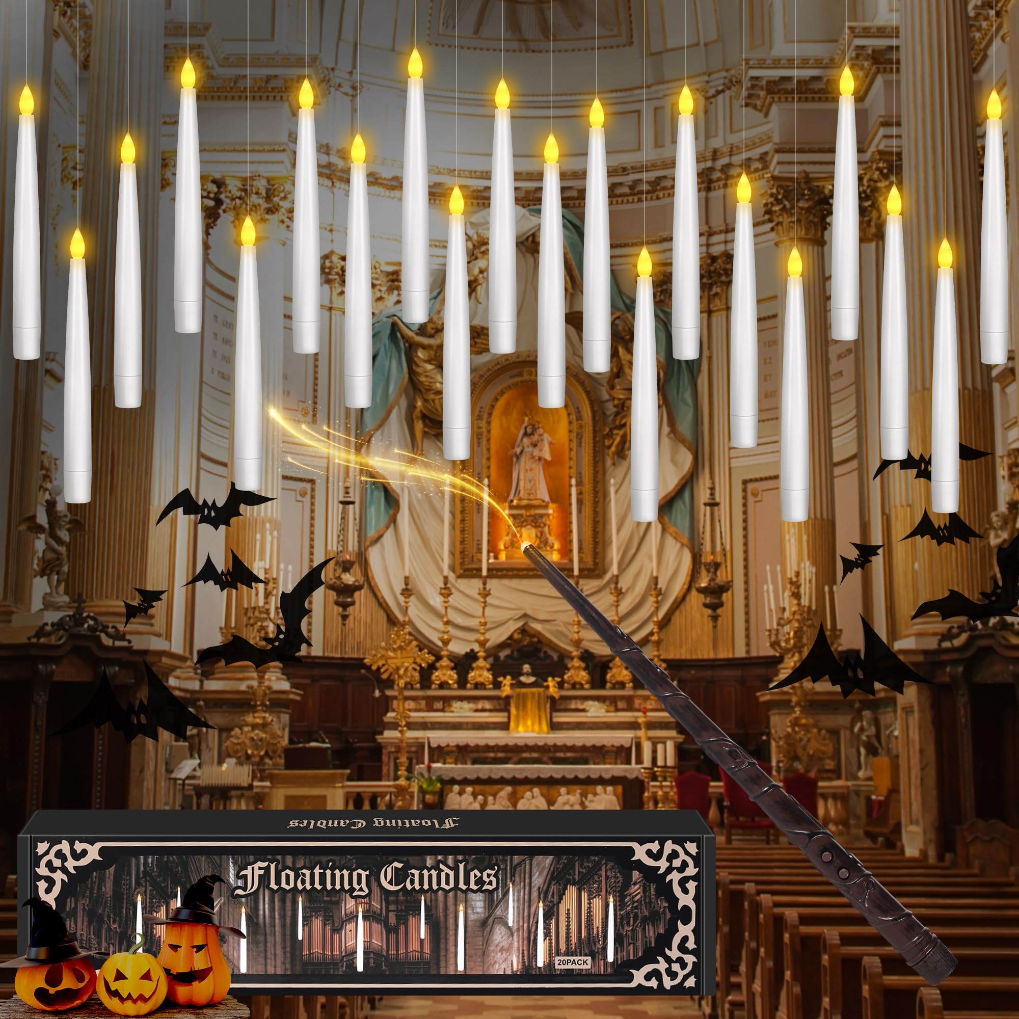 Photo 1 of Halloween Decor Floating Candles With Wand, 20pcs Magic Hanging Candles With Remote, 6.3IN Flameless Taper Led Candle Battery Operated Floating Window Candle, Decor for Christmas, Wedding, Halloween