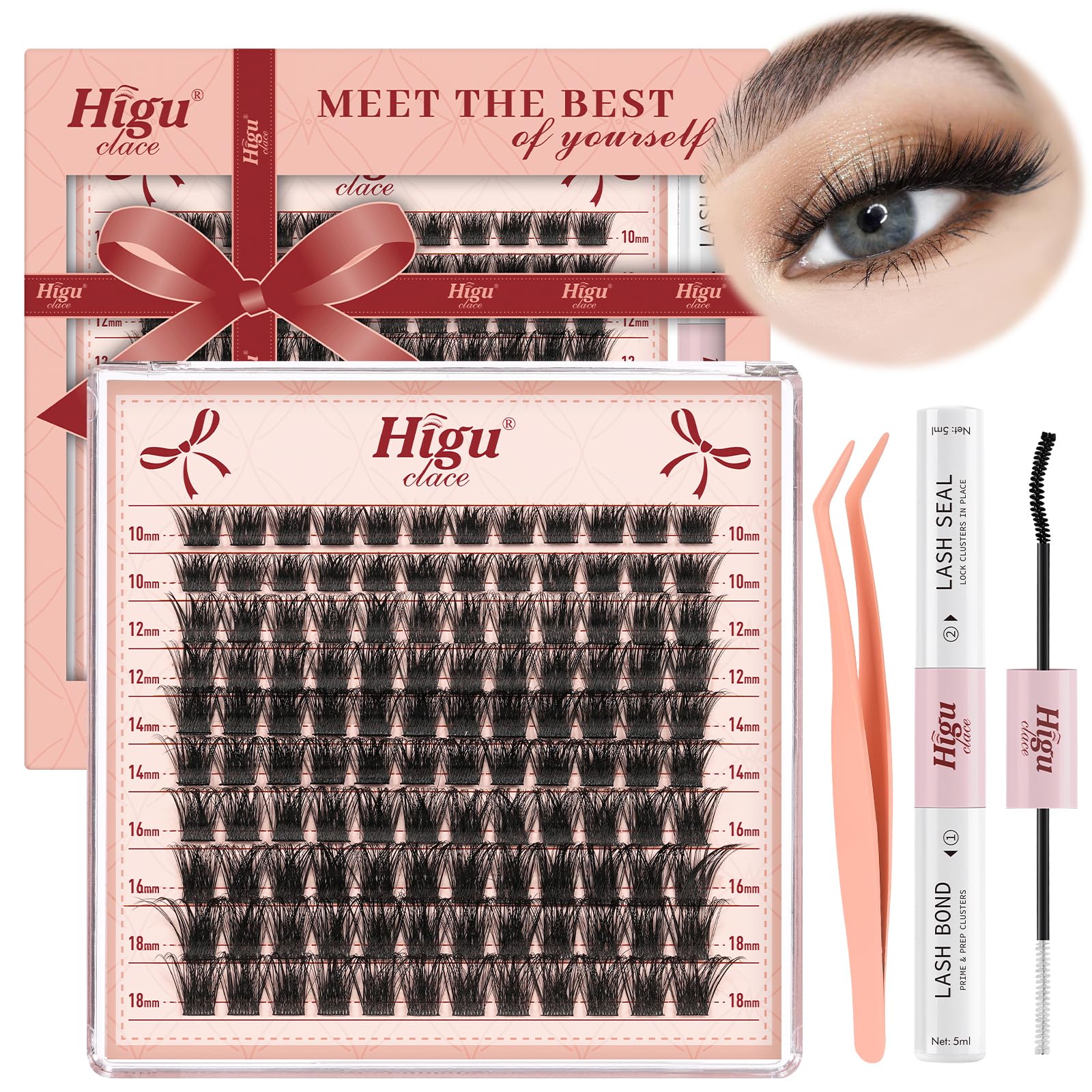 Higu Clayse Lash Clusters Kit - DIY Lash Extensions Kit with D Curl 10-18mm Lashes, Individual Clusters and Applicator for Beginners — image 1