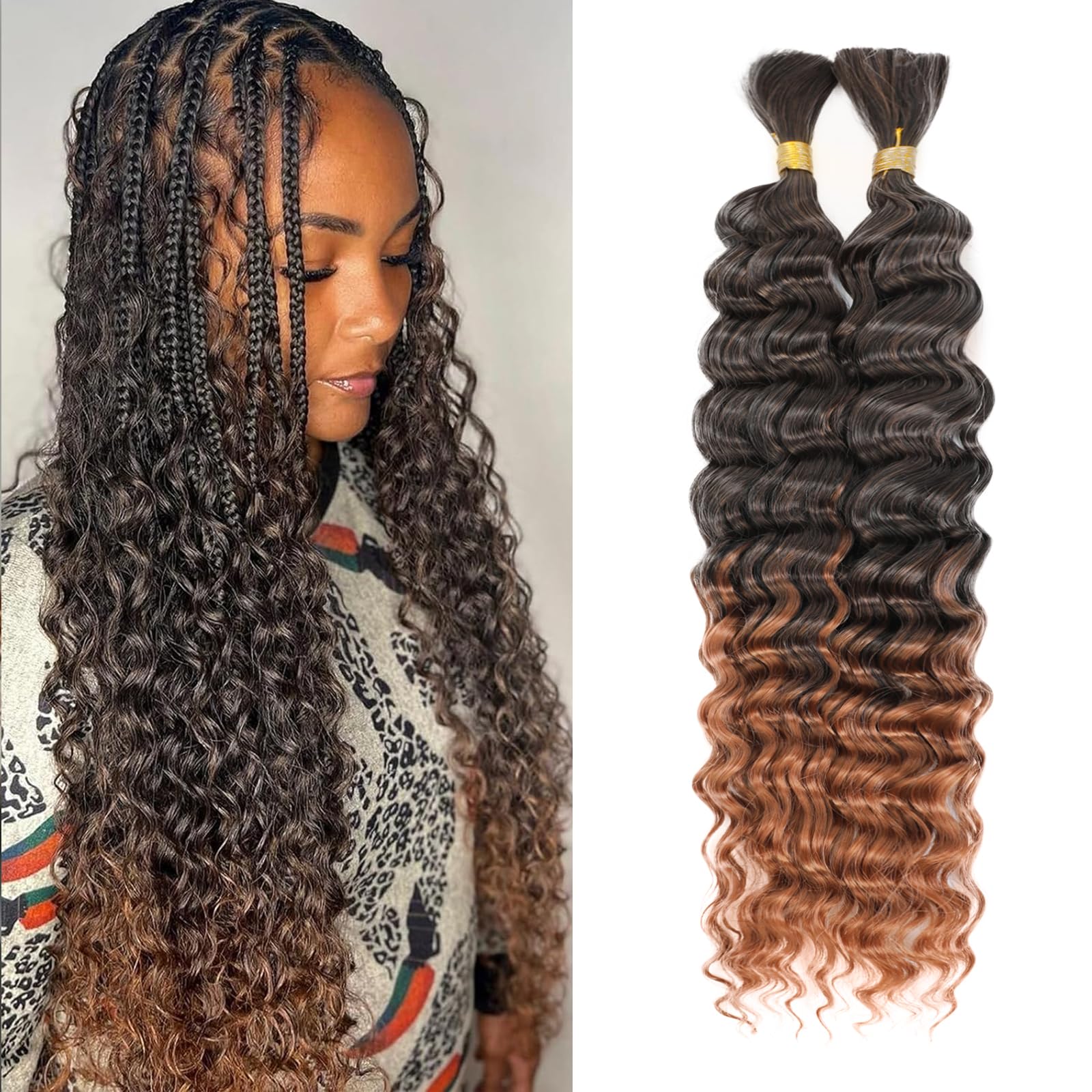 YYQXZG Deep Wave Bulk Hair for braiding 20 Inch No Weft Synthetic Curly Braiding Hair Extensions for Boho Braids (2bundles,120g,1B/30#) — image 1