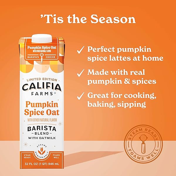 CALIFIA FARMS – PUMPKIN SPICE OAT BARISTA BLEND OAT MILK, 32 OZ, SHELF STABLE, DAIRY FREE, PLANT BASED, VEGAN, GLUTEN FREE, NON GMO, HIGH CALCIUM, MILK FROTHER, CREAMER, OATMILK