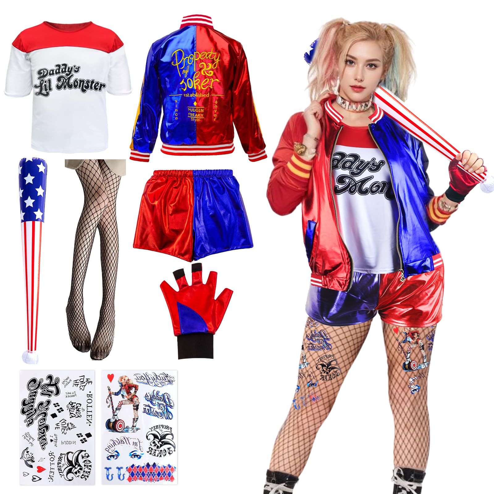 Mua HK COS Quinn Costumes for Women- Ladies Halloween Villain Fancy Dress  Harley Costume Outfit Carnival Cosplay Costume Kit with Jacket, T-Shirt,  Shorts, Gloves, Tattoo Bat Theme Party for Adults Girls trên