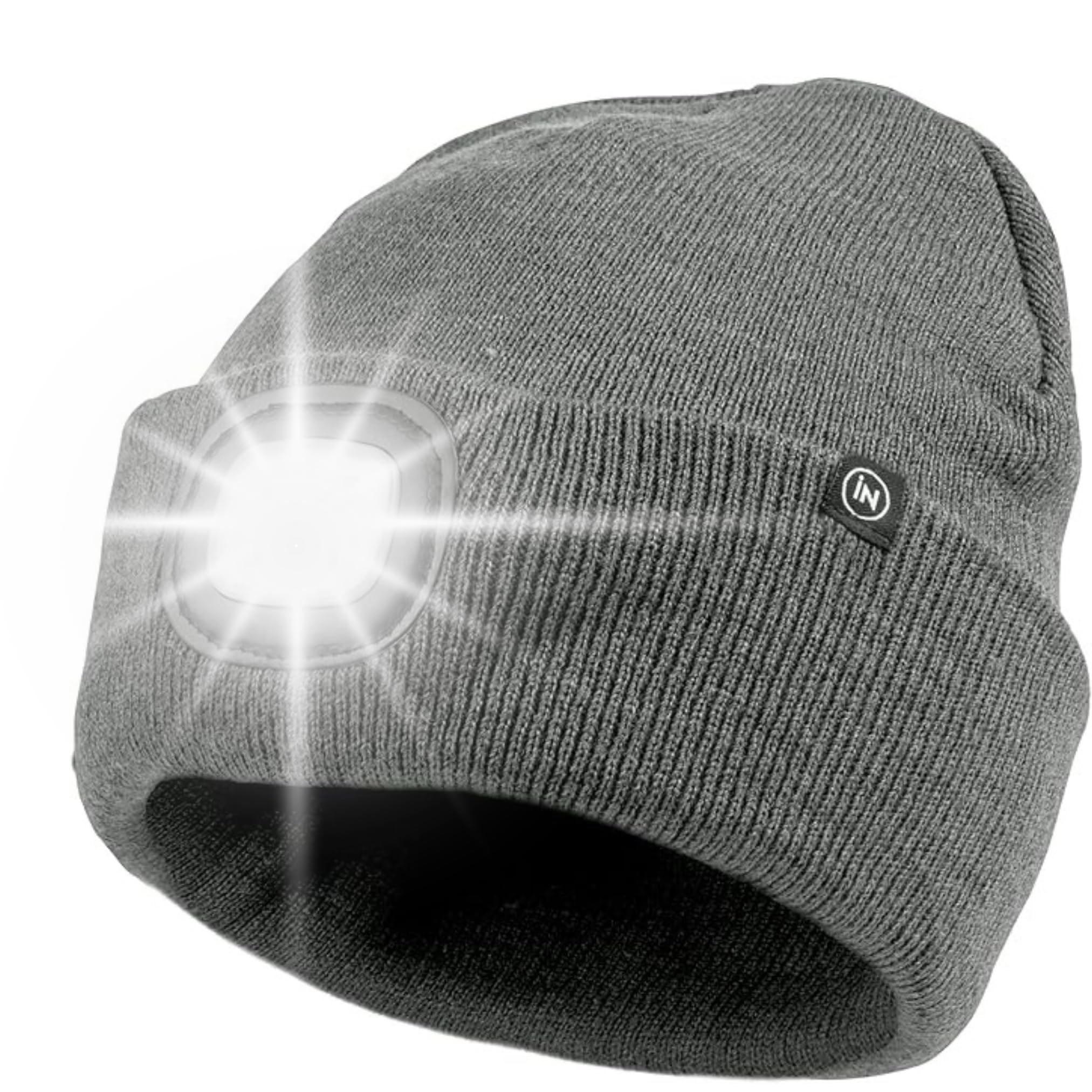 iN Thinsulate Warm Bright LED Beanie Cap Unisex Hat with Rechargeable Headlamp 4 LEDs 3 Metre Beam, Charges Via USB - Great for Cycling, Running, Camping Grey